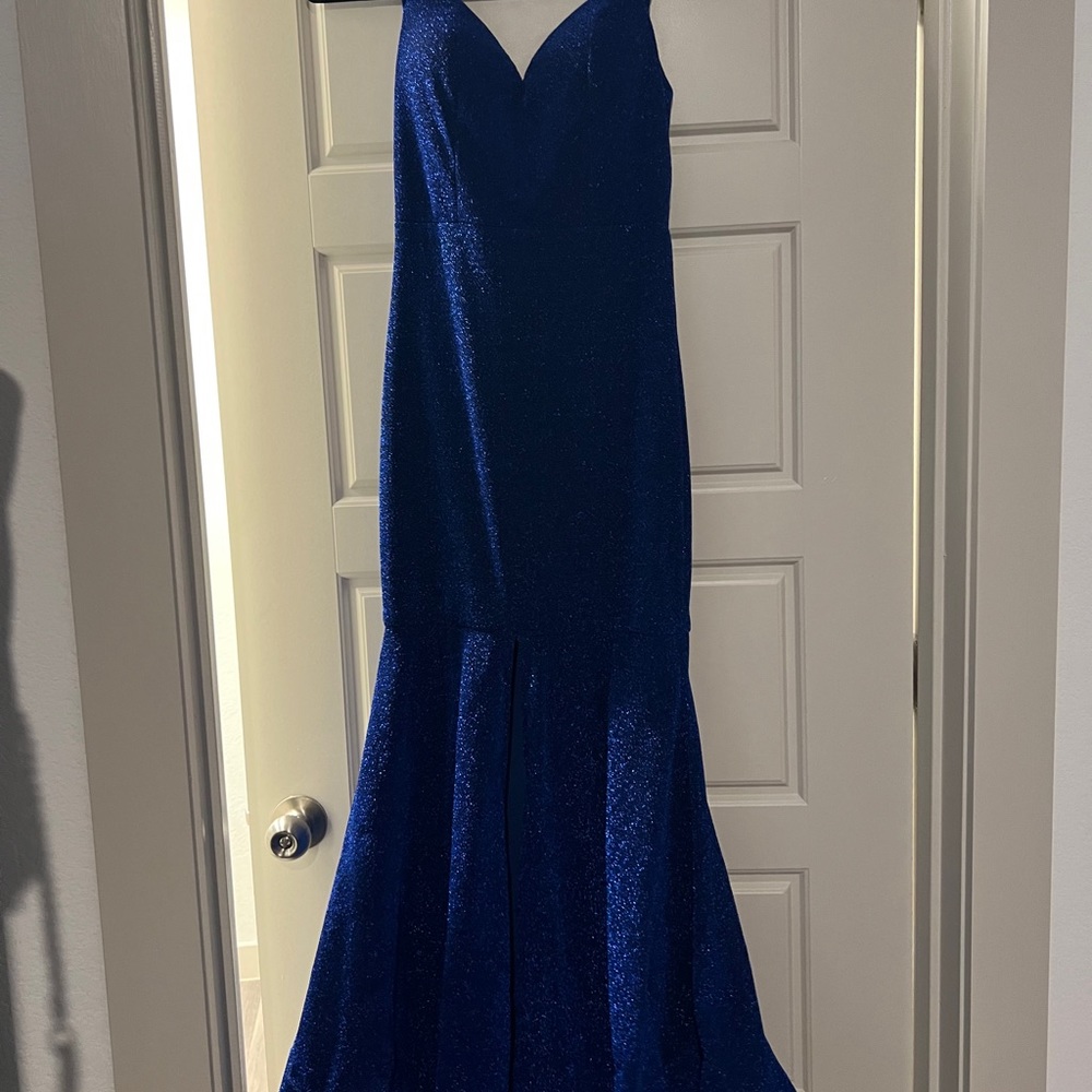 Fashion nova floor length mermaid flair blue sparkly dress